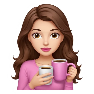 girl with long wavy brown hair, brown eyes, long lashes,sexy pink lips, light to medium complexion, pink sexy top, with a coffee mug sticker