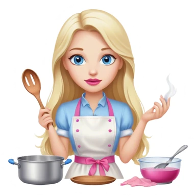 Cinematic realistic beautiful blonde with long hair, blue eyes and pink lips in a white dress cooks sticker