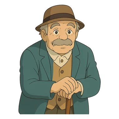 man with a cane, gentle expression, ghibli style sticker