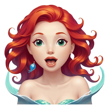 Cinematic Realistic Red Hair Mermaid Portrait, head tilted slightly with a dramatic, wide-open yawn, revealing a tender, relaxed visage with delicately detailed porcelain skin and vibrant, cascading red hair softly billowing around her. Her dreamy eyes exude a serene, aquatic charm, rendered with gentle underwater lighting and high shine—capturing the essence of a drowsy yet mesmerizing mermaid drifting into a tranquil slumber beneath the sea. sticker