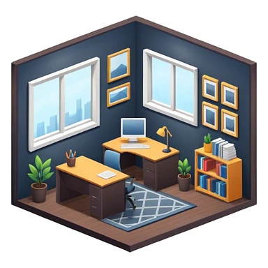 An isometric 3D room with two walls that meet at the back left and right and a Window. Dark Colors. Home Office sticker