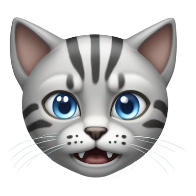 Light gray cat with stripes and black tipped ears and blue eyes with angry face sticker
