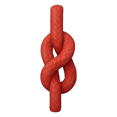 Create an apple-style emoji of a realistic red rope tied in a simple vertical knot. The knot should be clear and clean, not resembling a pretzel. The style should match classic Apple emoji aesthetics with a transparent background. Use the reference image for details and orientation. sticker