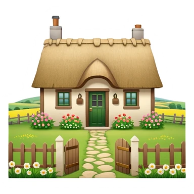 A countryside cottage with a thatched roof, wooden door, flowers around the house, green fields, peaceful rural scenery, natural lighting, detailed and realistic sticker