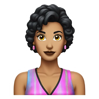 Tanned woman with black hair dressed in 1980s rock hair, makeup, and neon attire  sticker