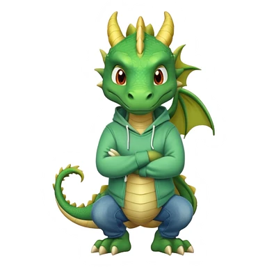friendly anthropomorphised green dragon in a hoodie and jeans with arms folded, relaxed pose sticker