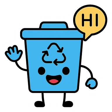blue recycling bin with a big smile, saying 'hi' in a speech bubble sticker