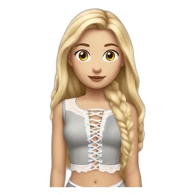 realistic nordic woman, long straight blonde hair, white lace up crop top, grey mini skirt, body sticker