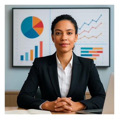 A mixed race female executive at a desk, with charts and graphs in the background, exuding leadership and success. sticker