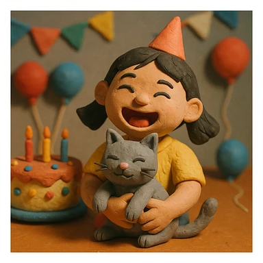 asian girl laughing, holding a grey cat, birthday party, claymation style sticker