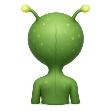 Add more details to this rear view alien in emoji style: visible antennae, subtle back ridges, small glowing spots, and a hint of feet, no background. sticker