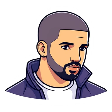 Hyperrealism, isolated, 3D rendering, digital stickers illustration of the Canadian rapper " Drake" 2025. Must be of highest quality 2800x2800px , clean smooth lines, no emoji icons or faces, glossy appearance overall. Full transparent background  sticker