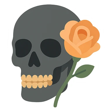 A dark, grey skull with sharp, angular features and a mysterious, haunting aura, featuring a rose delicately placed in one of its hollow eye sockets. The skull is in shades of grey, accented with soft tones of golden orange (FA9B41), forest green (4A7C5C), muted taupe brown (96775A), and pastel peach (FFCC9A). The rose, vibrant in its peach and orange hues, contrasts with the cold, eerie grey of the skull, its petals unfurling gently around the eye socket. The background is dim and shadowy, with a faint, mystical glow illuminating the skull and rose, adding to the gothic and slightly surreal atmosphere. The scene feels both haunting and beautiful, with a touch of elegance. sticker