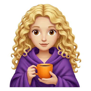 Blonde curly long hair lady inside a purple blanket with a orange cup of coffe sticker