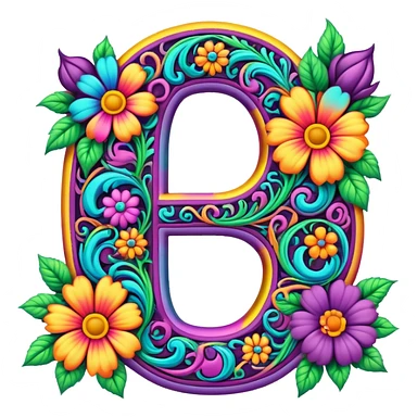 3D, gothic style psychedelic colored Letter “D” with hippie style flower border sticker