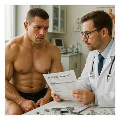 hyperrealistic male bodybuilder, muscular, sitting in a detailed medical office, facing a doctor consulting hormone analysis reports, showing signs of estrogen excess such as mild gynecomastia and swelling, worried expression, natural light, professional atmosphere, detailed medical instruments sticker