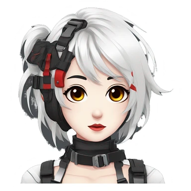 Gorgeous techwear anime style lady with blushing face aesthetic and pretty edgy black red white punk messy hair with collar and harness trending style sticker