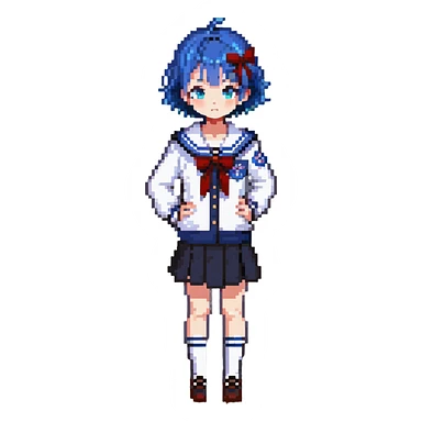 Pixel art anime girl with short bright blue hair wearing Japanese sailor style school uniform, standing with hand on hip but shyly glancing down with a small blush, small timid wave, very shy sticker