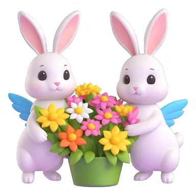 Two bunnies with wings holding flowers, 3D style with iOS style elements sticker
