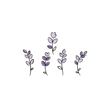 Lilac flowers with branches and leaves in pastel colors (dd9fb0, ffc6d3, a3bfc9, c4bee2, f1b091), hand-drawn doodle style sticker
