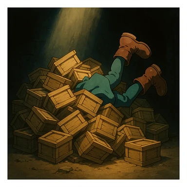 A pile of small oblong crates hidden in a dark area with a beam of light shining from above, with someone’s boots sticking out like they dove in sticker