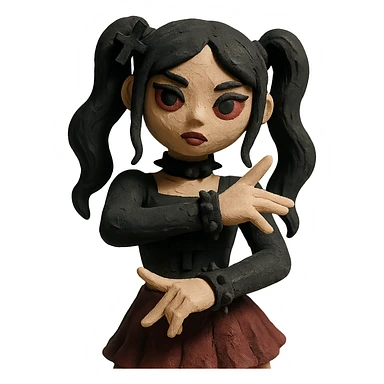 K-pop inspired gothic girl, claymation style, matte clay textures, gothic accessories, K-pop choreography pose sticker