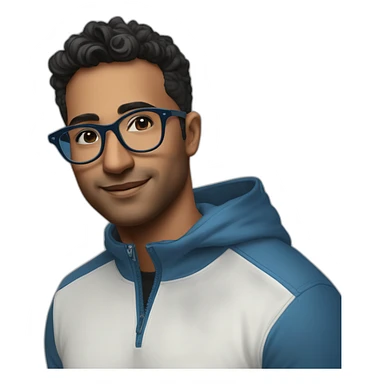 29 year oldindian tech founder clean shaven in blue quarter zip with black and white tortoiseshell glasses sticker