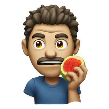 Mad guy eating fruit sticker