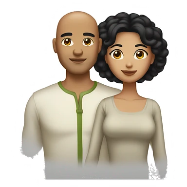 A couple. The woman has shoulder length black hair. The man has olive skin and a shaved head sticker