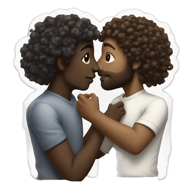 Dark skinned guy curly hair kissing a white guy with silky hair sticker
