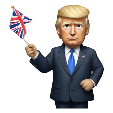 Hyper realistic Donald Trump holding a british flag sticker