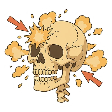 a skull exploding, diagram, front and back impact points,  sticker