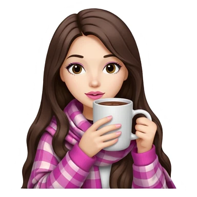Pink lip, eyelashes, Black eyed brunette girl with long hair and light skin shoulders wrapped up in a pink plaid blanket drinking hot chocolate sticker