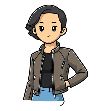 female character with oval-shaped flat-top head wearing a tight-fitting elbow-length black leather jacket sticker