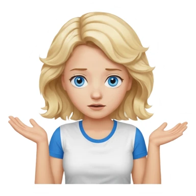 A woman with wavy blonde hair and blue eyes shrugging emphatically sticker
