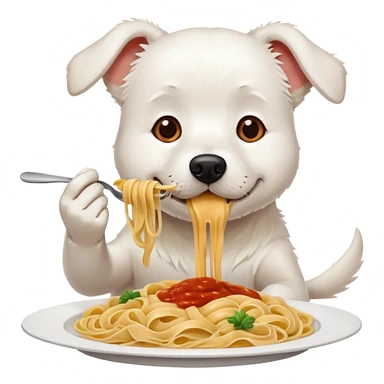 White dog with pasta sticker