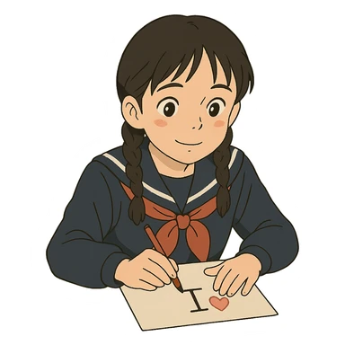 Kazakh girl in Korean school uniform, drawing a T with a heart on paper in ghibli style sticker