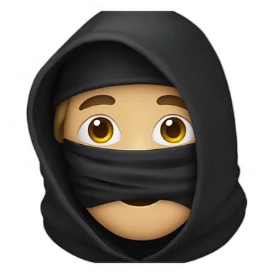 A person wearing a black hood, wearing a hat, and wearing a black mask sticker