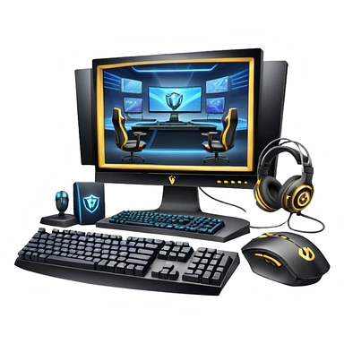 An icon featuring a gaming setup with a high-tech monitor displaying a competitive game, a keyboard, and a gaming mouse. The design includes a headset and a trophy, symbolizing victory and skill in esports. Transparent background highlights the energy and precision of professional gaming. sticker