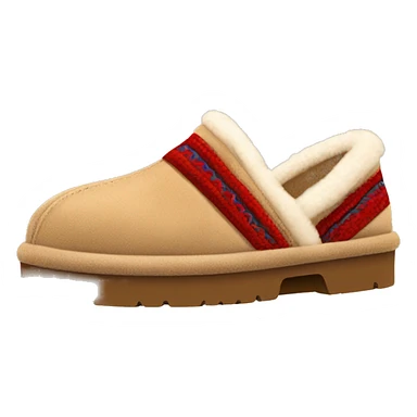 Ugg Camel slip-on slippers. A thin red zig-zag stitch only encircling ankles, VERY chunky platform sole. sticker