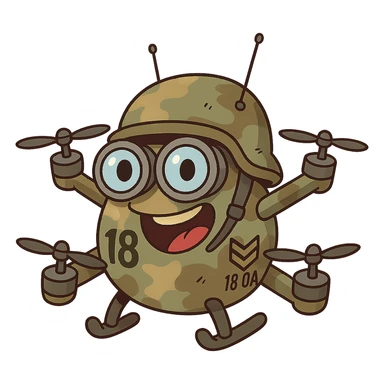 Весёлый анимированный персонаж-дрон в военном стиле, с глазами-линзами, в камуфляжной раскраске, с антеннами, мини-пропеллерами и забавным выражением лица — в стиле мультяшного героя. На корпусе нарисована цифра «18» и шеврон 18 ОА. FPV-дрон с шлемом, глазами прицела и злым видом sticker