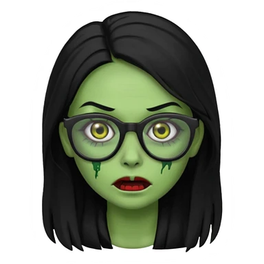 crie um emoji de zumbi feminino, com pele verde, óculos preto e cabelo longo preto sticker