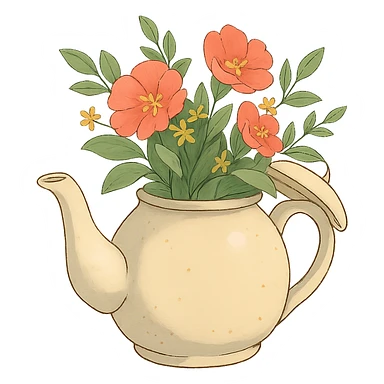 ghibli style teapot with flowers and leaves sticker