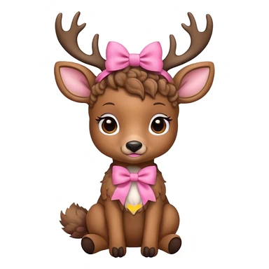 cute deer with curly fur, sitting down, wearing a bow on its head. sticker