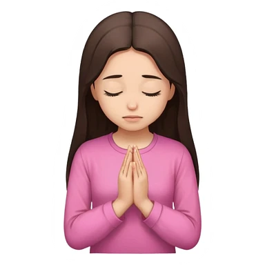 Girl long dark brown hair light medium skin pray head bowed eyes closed pink shirt sticker