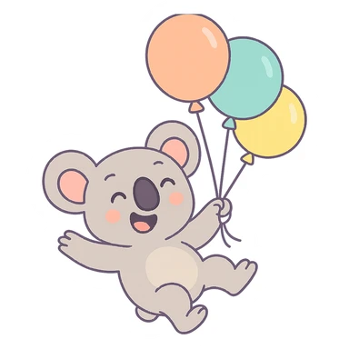 happy koala floating with pastel balloons in pastel-toon style sticker