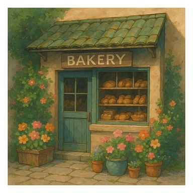 small bakery storefront with flowers, ghibli style sticker