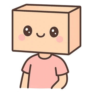 a person with a box on their head, the box features a kawaii smile, simple and charming sticker