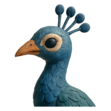 close-up of a peacock's head and neck, soft lighting, detailed feathers, claymation style sticker
