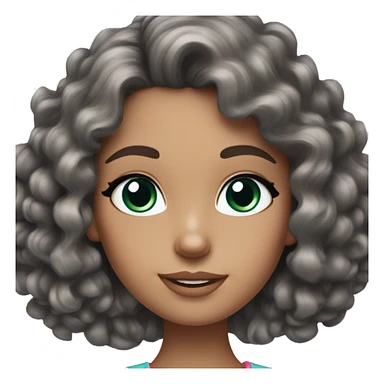 A brunette girl with green/blue/grey eyes and curly hair that has a pink bow in her hair and looks like a barbie sticker
